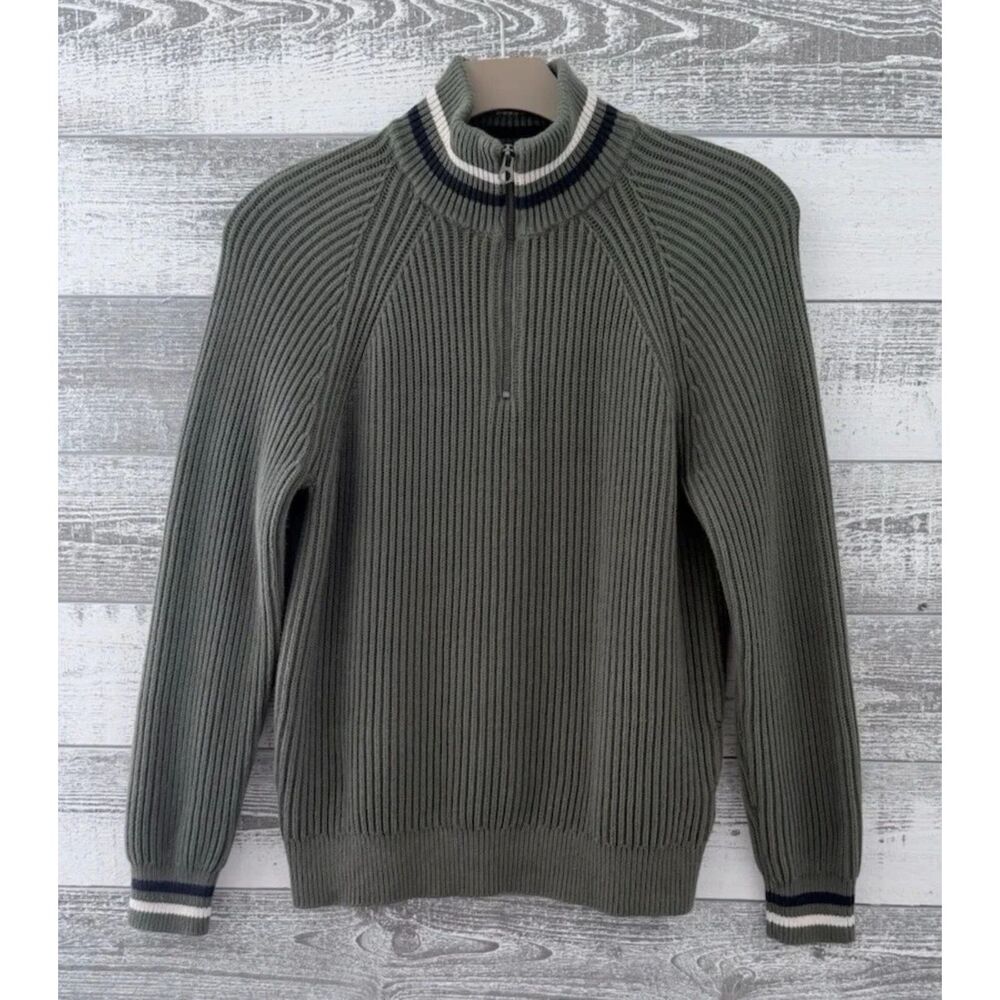 J CREW Knit Sweater Mens M Green Ribbed 1/4 Zip Varsity Stripe Trim Cotton